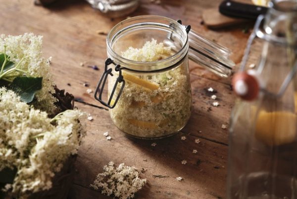 Fermentazione: vasetti con cibi fermentati su un tavolo di legno